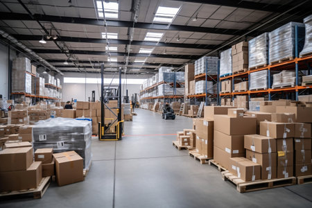 Interior of a modern warehouse. Large space for storing and moving goods. Logistics. Trade in the modern worldの素材