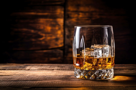 Whiskey drinks. You need to drink whiskey with ice then the whiskey tastes better of an oak barrel. Alcoholic drink with ice whiskey or cognac close-up on the background of an oak barrel for agingの素材