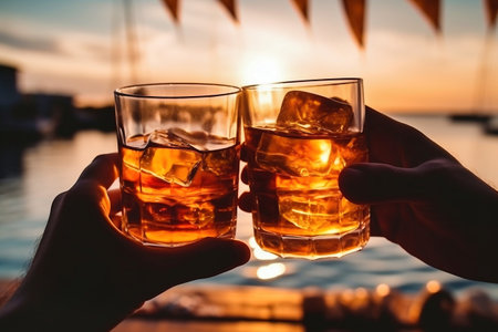 Two hands clink glasses of whiskey wiskey on the couch, cozy. Bar drinking menuの素材