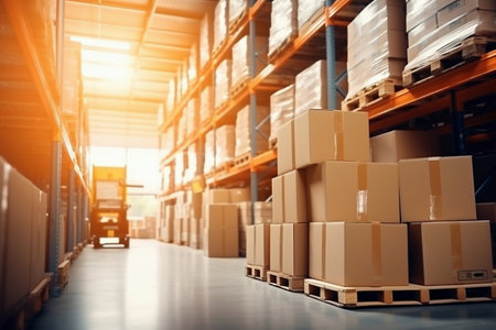 Interior of a modern warehouse. Large space for storing and moving goods. logistics. Blurred background. The sun's rays fall through the windows into the warehouseの素材