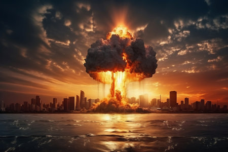 Nuclear explosion against the backdrop of a large city on the sea or ocean. Sunset. Apocalypse. war. nuclear threat. third world warの素材