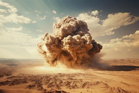 Nuclear explosion in the desert. Puffs of sand and ash against the sky. Apocalypse. war. nuclear threat. third world warの素材