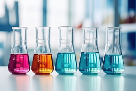 Glass flasks for liquid samples of reagents. Laboratory equipment for dispensing liquid samples. Chemical liquids analysis and testingの素材