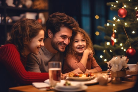 Winter holidays and people concept - happy family at the table celebrating christmas and new year. home holiday. Blurred background. selective focusの素材