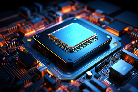 A powerful computer processor or chip on a motherboard. modern technologies. blue backgroundの素材