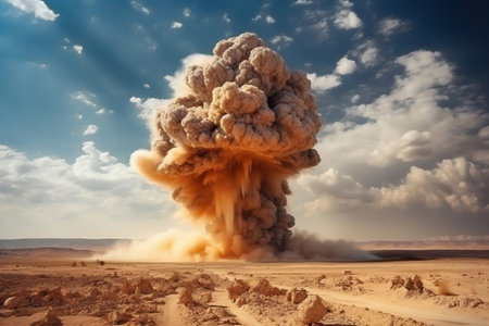 Nuclear explosion in the desert. Puffs of sand and ash against the sky. Apocalypse. war. nuclear threat. third world warの素材