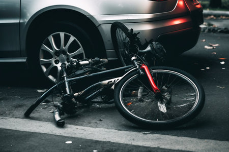 Groceries and broken bike on pedestrian crossing after collision with a car. Car accident on the street, hit by a cyclist after a collision. Violation of traffic rulesの素材