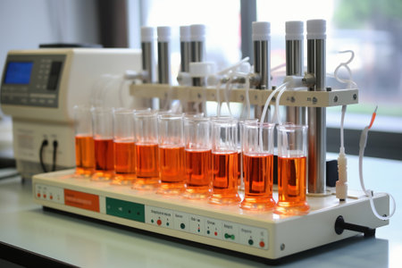 Glass vials for liquid samples. Laboratory equipment for dispensing fluid samples. Shallow depth of fieldの素材