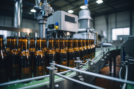 Factory for the production of beer. Brewery conveyor with glass beer drink alcohol bottles, modern production line. Blurred background. Modern production for bottling drinks. selective focusの素材
