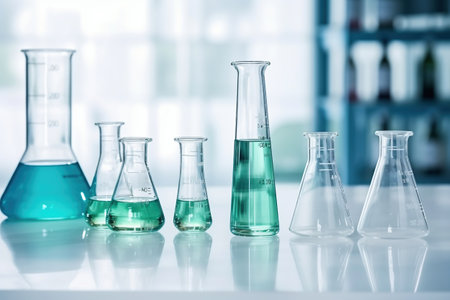 Glass flasks for liquid samples of reagents. Laboratory equipment for dispensing liquid samples. Chemical liquids analysis and testingの素材