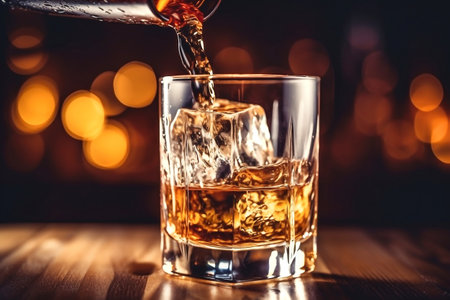 The bartender pours whiskey into a glass with ice on the bar counter. close up. Blurred background. Elite alcoholic drinksの素材