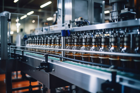 Factory for the production of beer. Brewery conveyor with glass beer drink alcohol bottles, modern production line. Blurred background. Modern production for bottling drinks. selective focusの素材