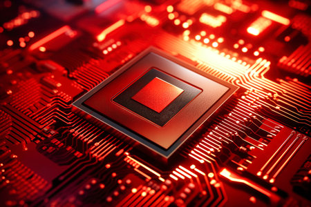 A powerful computer processor or chip on a motherboard. modern technologies. red backgroundの素材