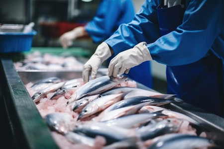 fish processing plant. People sort the fish moving along the conveyor. Sorting and preparation of fishの素材