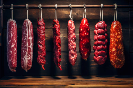 Various types of smoked sausages and meats, smoked and cured, for sale. A wide range of meat products. Homemade sausages on a dark backgroundの素材