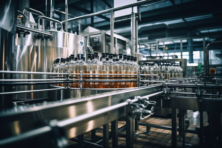 Factory for the production of beer. Brewery conveyor with glass beer drink alcohol bottles, modern production line. Blurred background. Modern production for bottling drinks. selective focusの素材