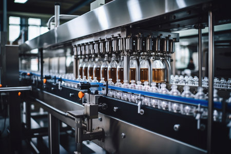 Factory for the production of beer. Brewery conveyor with glass beer drink alcohol bottles, modern production line. Blurred background. Modern production for bottling drinks. selective focusの素材