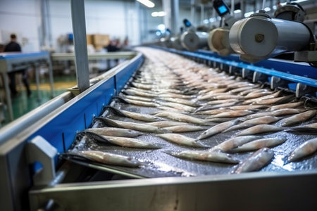 Raw sea fish on a factory conveyor. Production of canned fishの素材