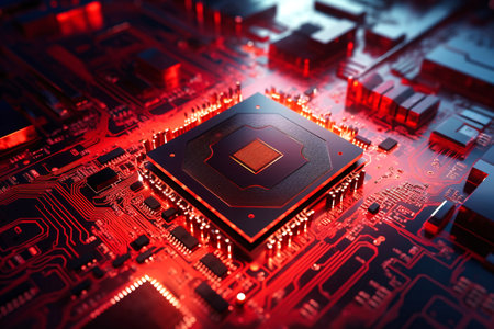 A powerful computer processor or chip on a motherboard. modern technologies. red backgroundの素材