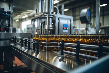 Factory for the production of beer. Brewery conveyor with glass beer drink alcohol bottles, modern production line. Blurred background. Modern production for bottling drinks. selective focusの素材