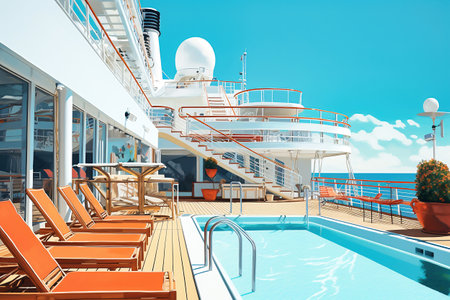 View on top deck with swimming pool on a cruise ship. vacation on a cruise ship. cruise. Descent on the shipの素材