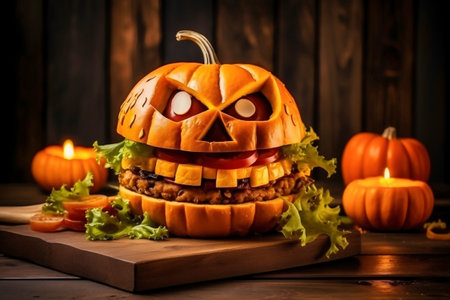 A pumpkin sandwich with a face made out of lettuce. Halloween hamburger. Festive meal. Jack Lantern.の素材