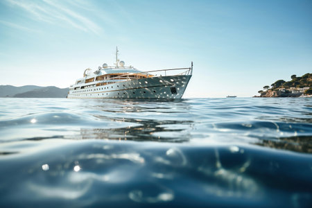 View from the water of a large luxury yacht on the high seas, located above the horizon. Reflection of the yacht in the sea waves. bottom view. Journeyの素材