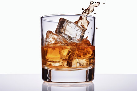 Glass of whiskey with ice splashes. white background. Splashes and drops of whiskey fly from the glass in different directionsの素材