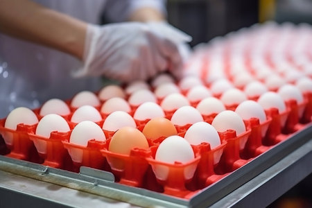 A man in a dressing gown and gloves sorts chicken eggs. Chicken eggs move along the conveyor at the poultry farm. The concept of the food industry, the production of chicken eggsの素材