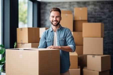 Young happy man, in his new house after moving. Unpacking boxes after moving into a new apartment. New homeowners. Mortgage. Rental of propertyの素材
