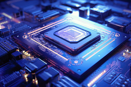 A powerful computer processor or chip on a motherboard. modern technologies. blue backgroundの素材
