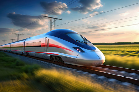 A modern high-speed train moves along the railway tracks against the backdrop of a field at sunset. high speed rail transportの素材