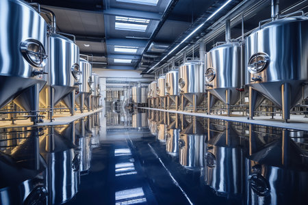 Fermentation mash vats or boiler tanks in a brewery factory. Brewery plant interior. Factory for the production of beer. Modern production of draft drinks. selective focusの素材
