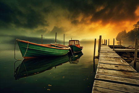 View of the marine wooden pier with boats parked on the shore of the pier against the background of the water at sunset. wooden fishing boatsの素材