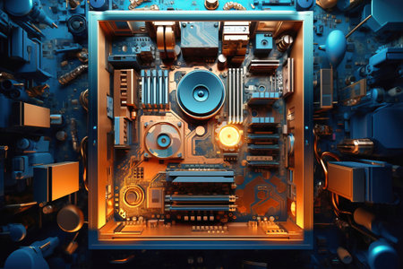 A computer case sitting on top of a table. The system unit of a modern computer with backlight. Modern computer technologiesの素材