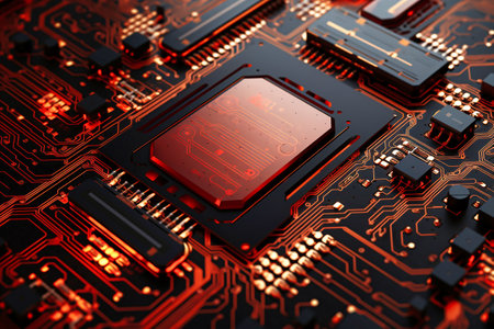 A powerful computer processor or chip on a motherboard. modern technologies. red backgroundの素材