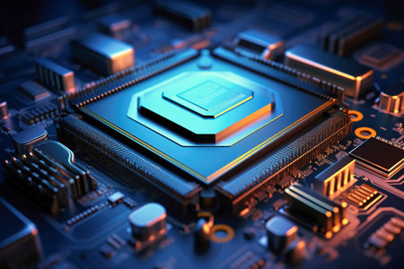 A powerful computer processor or chip on a motherboard. modern technologies. blue backgroundの素材