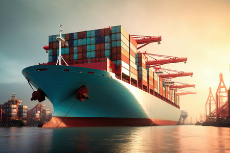 Global business logistics import-export cargo. Cargo ship with sea containers on board in the port. Transportation of goods across the ocean. A powerful cargo ship enters the port for unloadingの素材