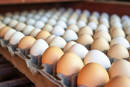 Chicken eggs move along a conveyor in a poultry farm. Food industry concept, chicken egg production. Lots of brown and white chicken eggsの素材