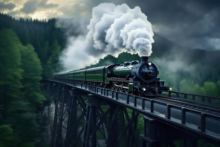 A painting of a train on a train track. The steam locomotive moves along the bridge over the arm at high altitude along the railroad tracks. Puffs of smoke from the chimney of a retro trainの素材