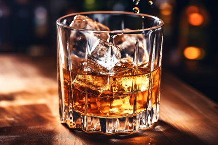Whiskey in glass with cubes of ice on dark wooden rustic background, close upの素材