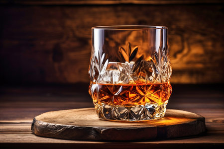 Whiskey drinks. You need to drink whiskey with ice then the whiskey tastes better of an oak barrel. Alcoholic drink with ice whiskey or cognac close-up on the background of an oak barrel for agingの素材
