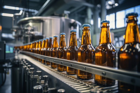 Factory for the production of beer. Brewery conveyor with glass beer drink alcohol bottles, modern production line. Blurred background. Modern production for bottling drinks. selective focusの素材