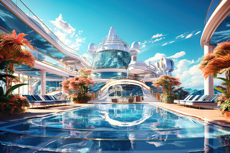 View on top deck with swimming pool on a cruise ship. vacation on a cruise ship. cruise. Descent on the shipの素材