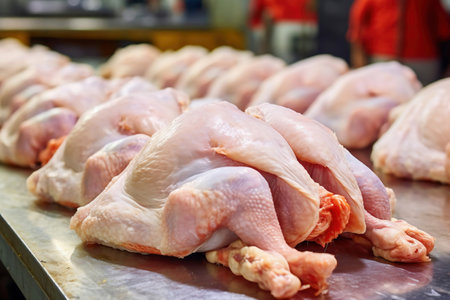 Poultry farm production of chicken meat. Industrial production and packaging of chicken meat. Chicken carcases and tenderloin. modern food industryの素材