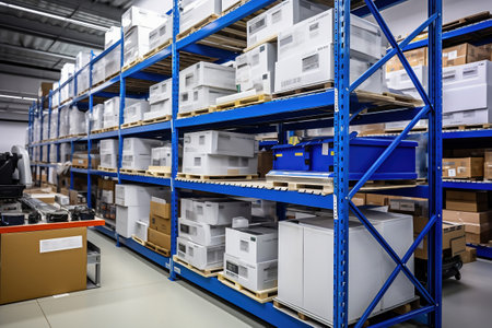 A large warehouse filled with neatly stacked plastic containers and boxes. Large space for storing and moving goods. logistics. Trade in the modern worldの素材