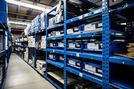A large warehouse filled with neatly stacked plastic containers and boxes. Large space for storing and moving goods. logistics. Trade in the modern worldの素材