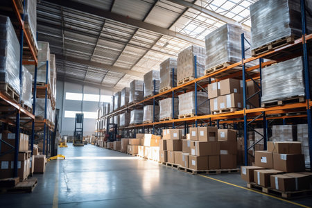 A large warehouse filled with neatly stacked boxes. selective focus. Large space for storing and moving goods. Logistics. Trade in the modern worldの素材