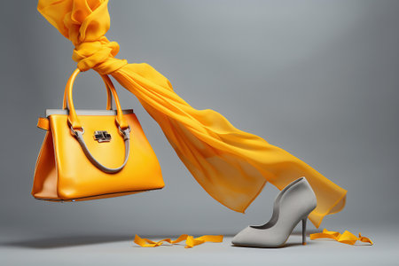 Women's bag shoes and neckerchief in the air. Fashionable women's things and accessories. Stylish yellow women's bag and shoesの素材