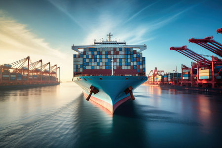 Global business logistics import-export cargo. Cargo ship with sea containers on board in the port. Transportation of goods across the ocean. A powerful cargo ship enters the port for unloadingの素材